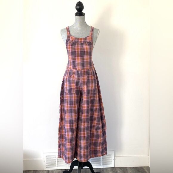 Free People x CP Shades Pink, Purple, Orange Plaid Overall Flare Wide Leg Sz S - Picture 2 of 13